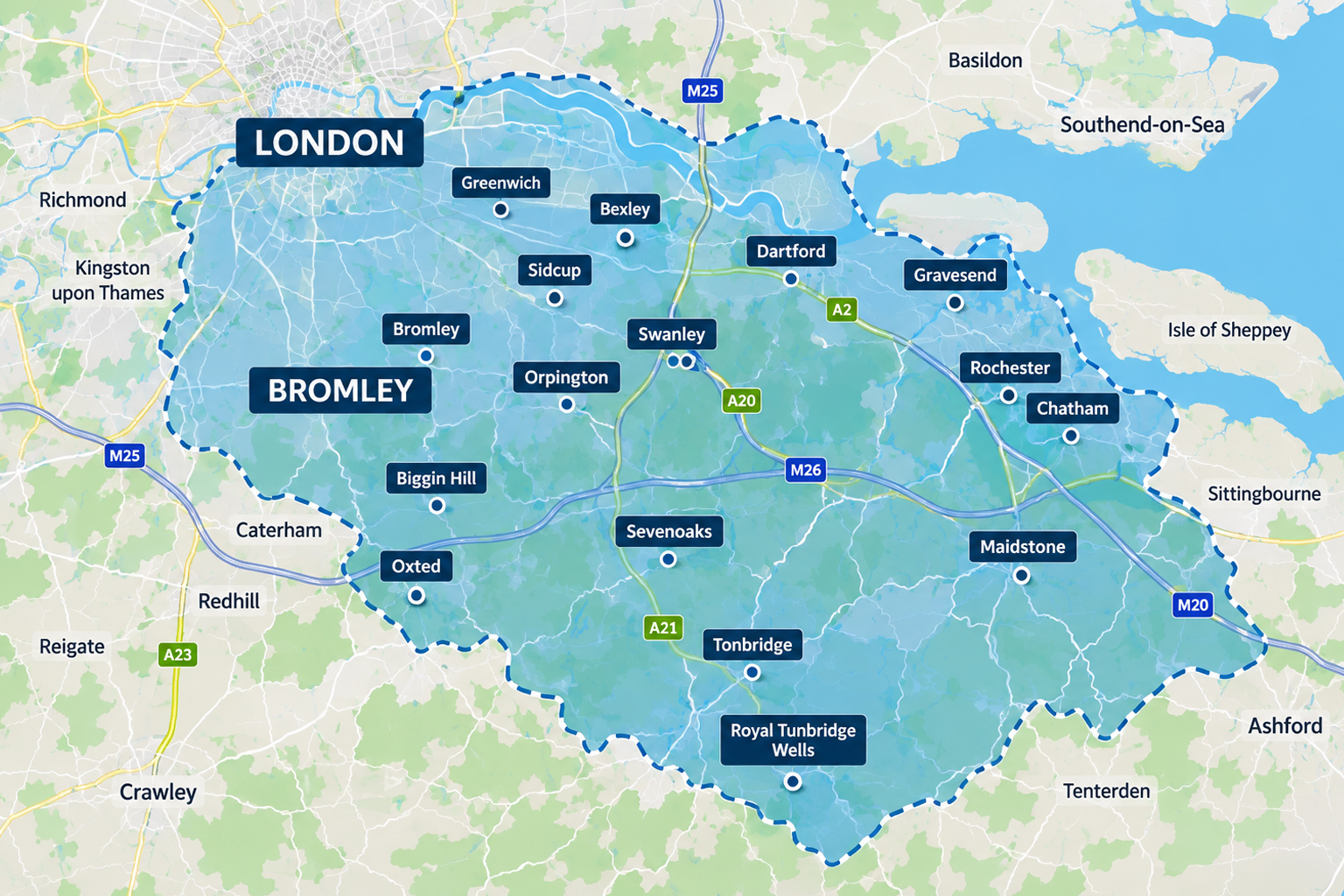 CK Roofing Group Service Area Map Covering Kent and London